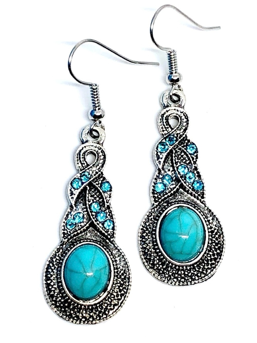 Blue Faux Turquoise Aqua Crystal Rhinestone Leaf Detail Antique Silver Earrings